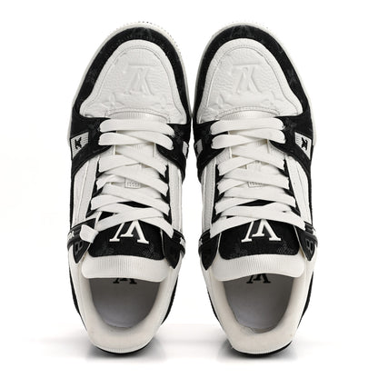 Louis Vuitton Calfskin Embossed Monogram Denim Womens LV Trainer Sneakers 38.5 Black 2 of 10