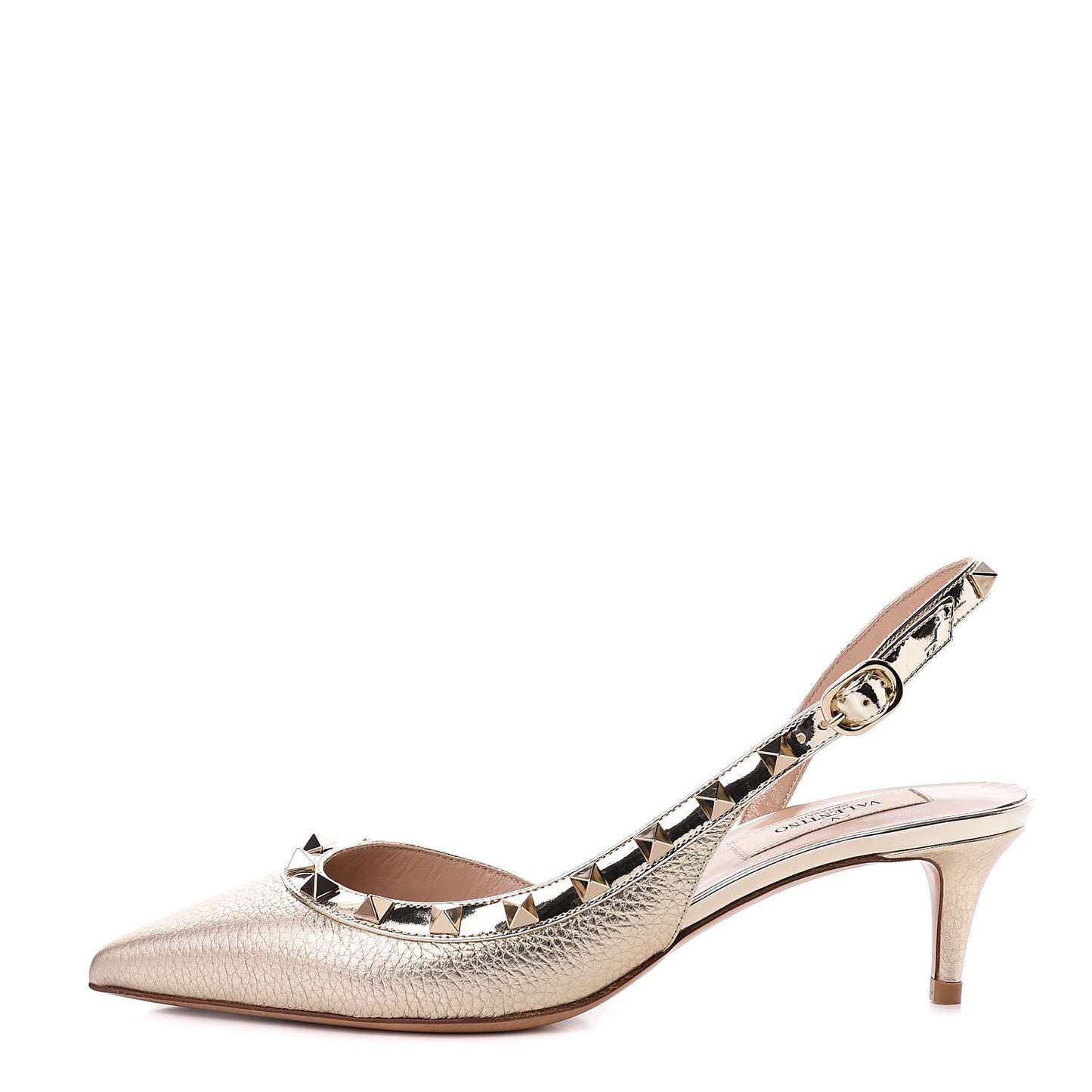 Metallic Pebbled Calfskin Rockstud Half D'Orsay Slingback 50mm Pumps 36 Platino