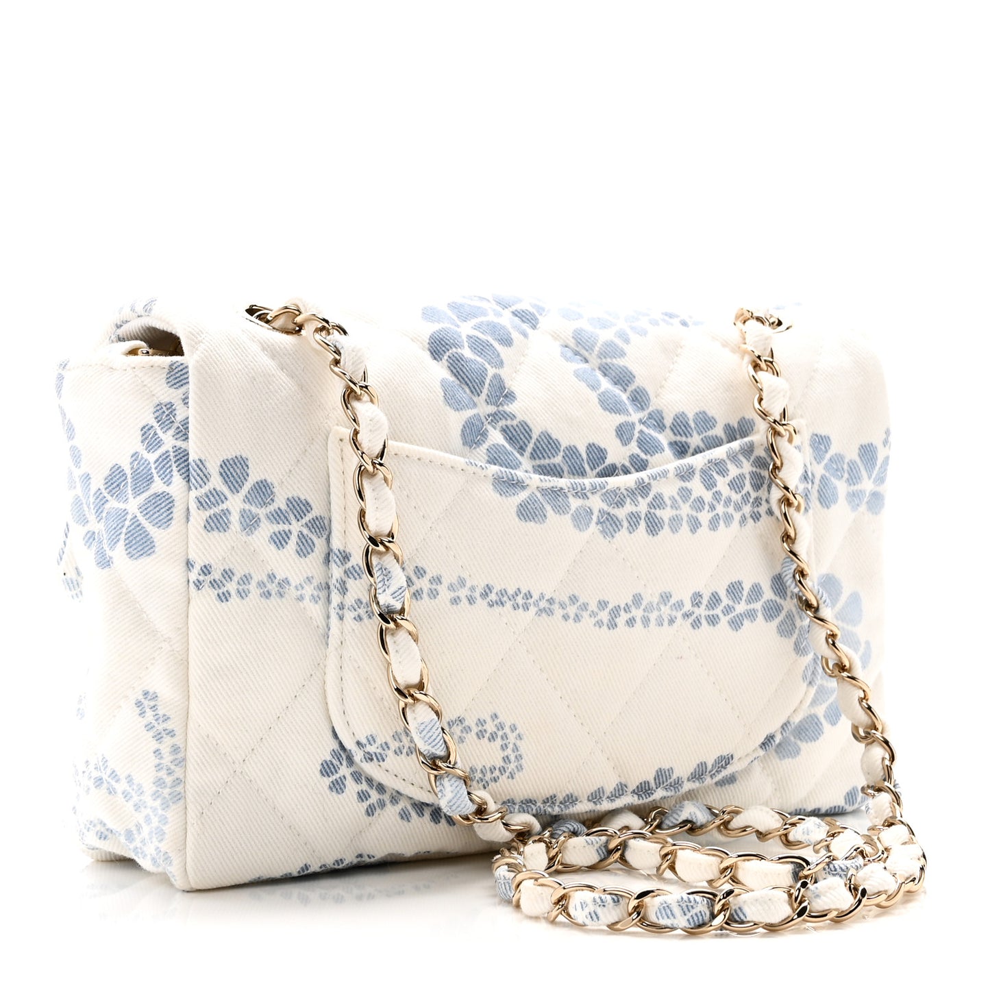 Printed Denim Coco Beach Quilted Small Single Flap Light Blue White