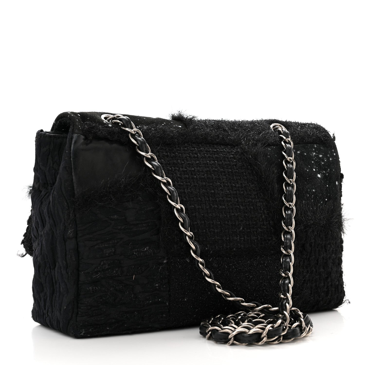 Chanel Tweed Faux Fur Patchwork Jumbo Single Flap Black 3 of 11