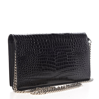 Saint Laurent Calfskin Crocodile Embossed Monogram Chain Wallet Black 3 of 9