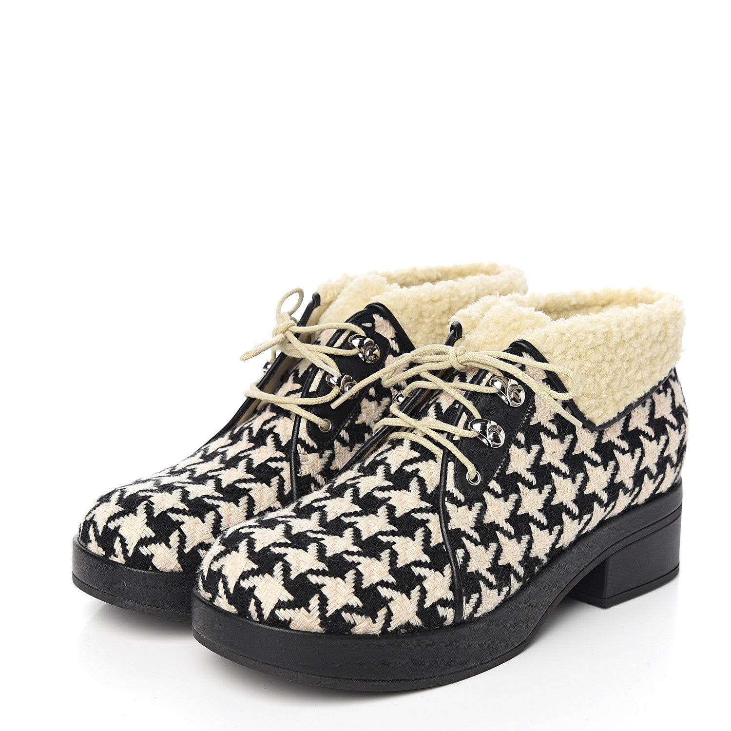 Gucci Optical Tweed Faux Shearling Houndstooth Victor Lace Up Ankle Boots 40.5 White Black 3 of 8