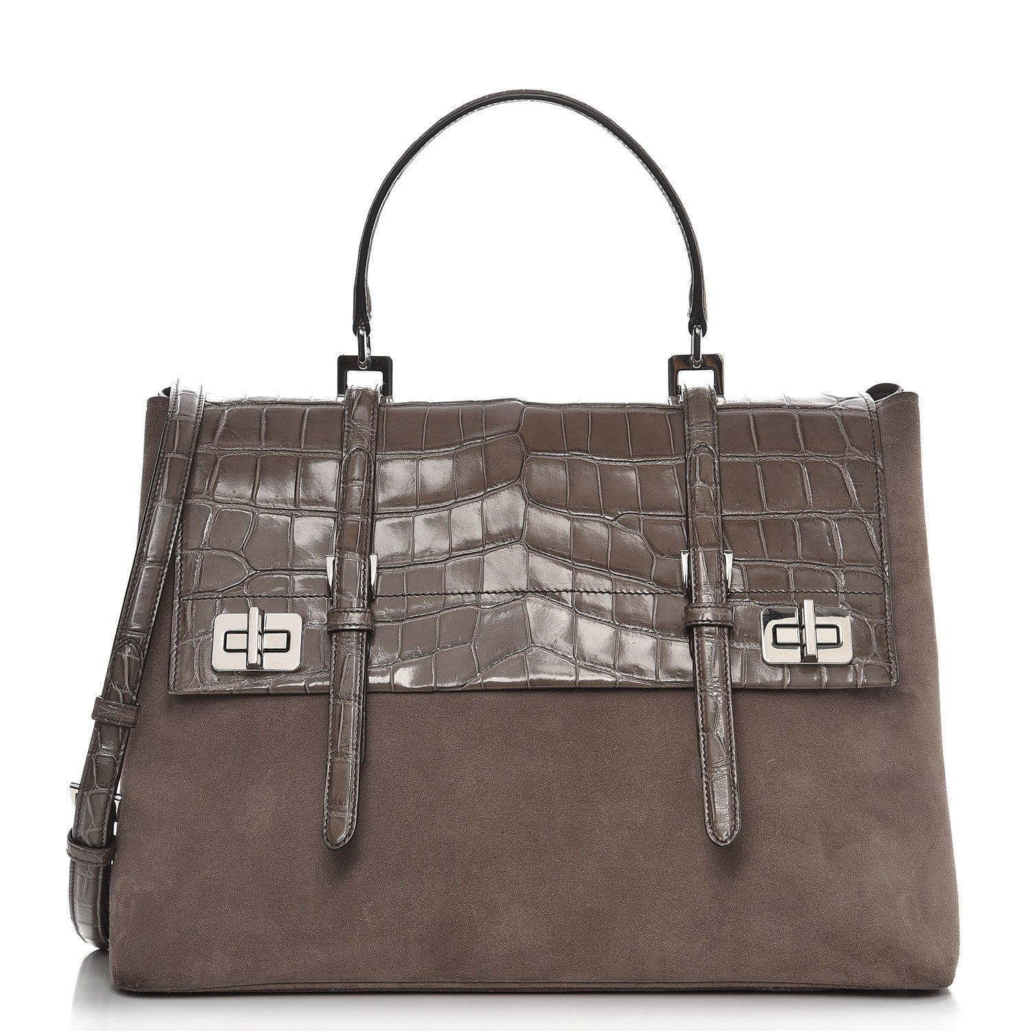 Prada Scamosciato Suede Crocodile Large Convertible Top Handle Tote Grigio 1 of 9