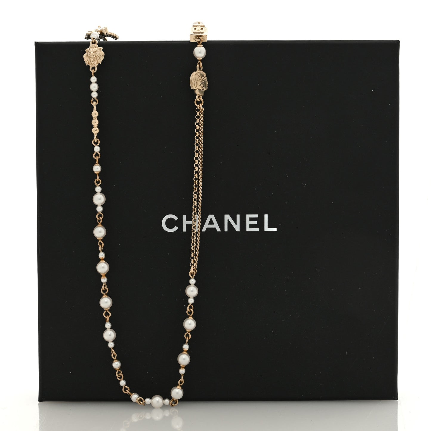 Pearl Crystal Graduated CC No.5 Perfume Bottle Flower Long Necklace Gold White