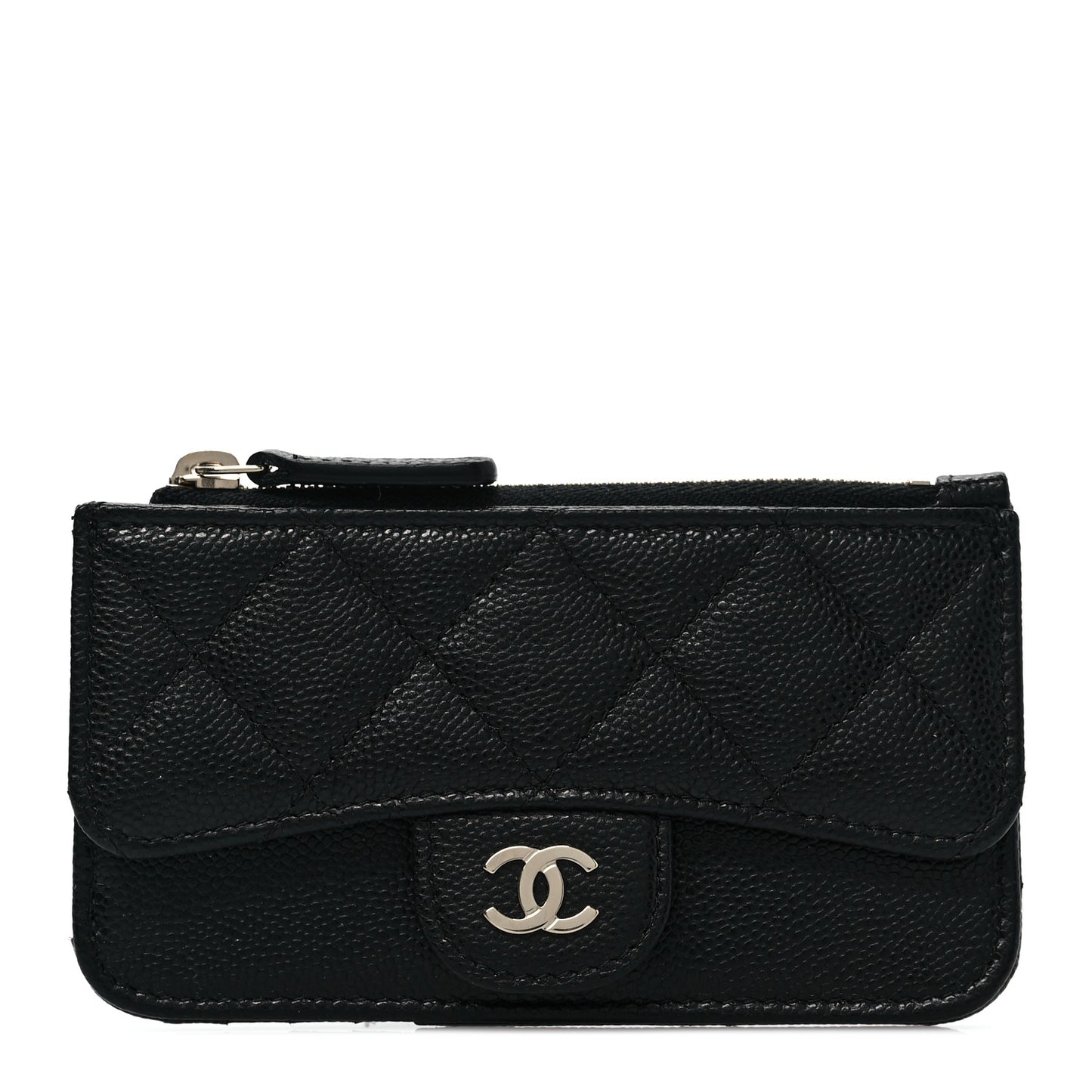 Caviar Quilted Flap Zip Card Holder Black