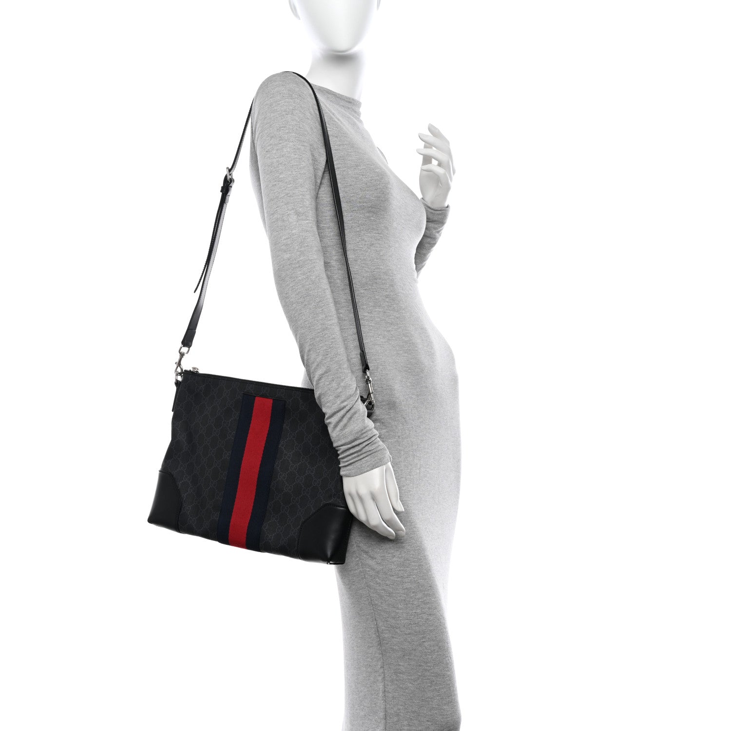 Gucci Soft GG Supreme Monogram Appia Calfskin Web East West Messenger Bag Black Grey 2 of 12