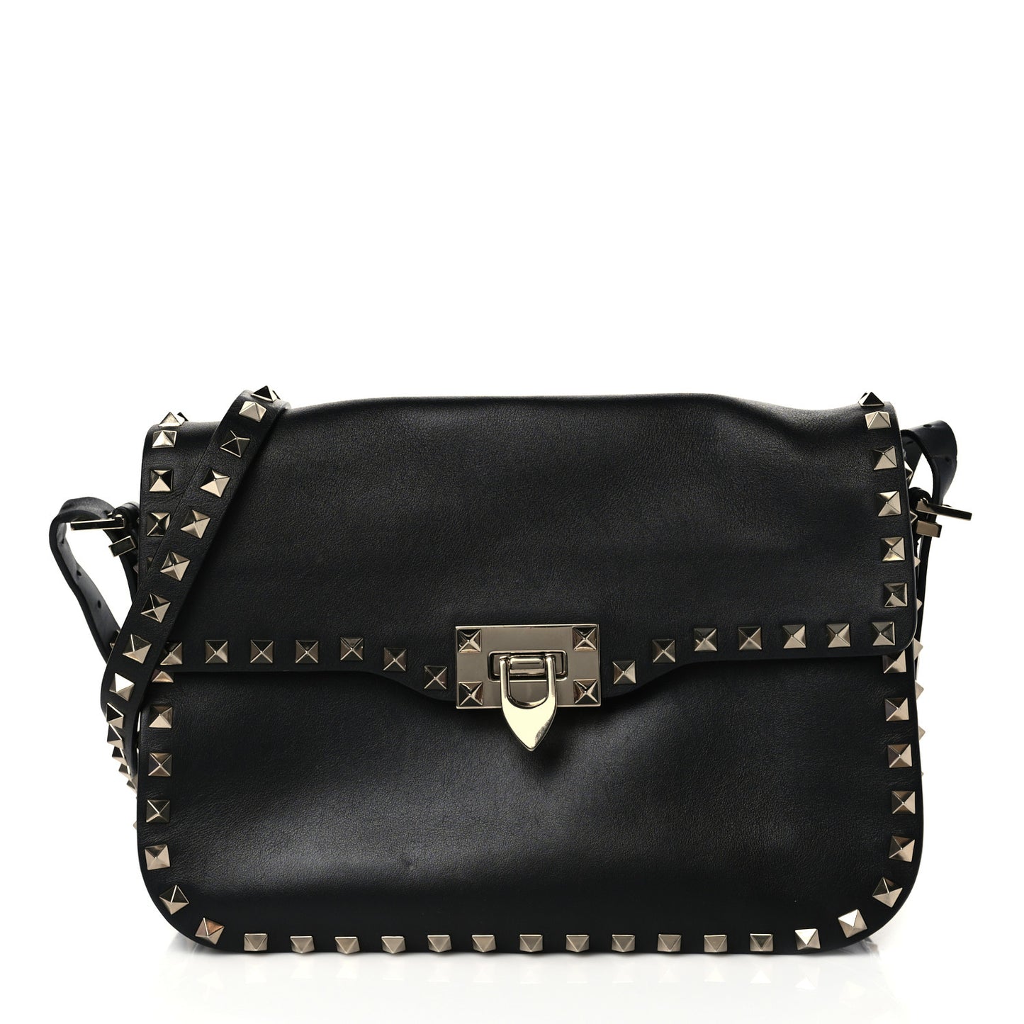 Vitello Medium Rockstud Flap Saddle Bag Black