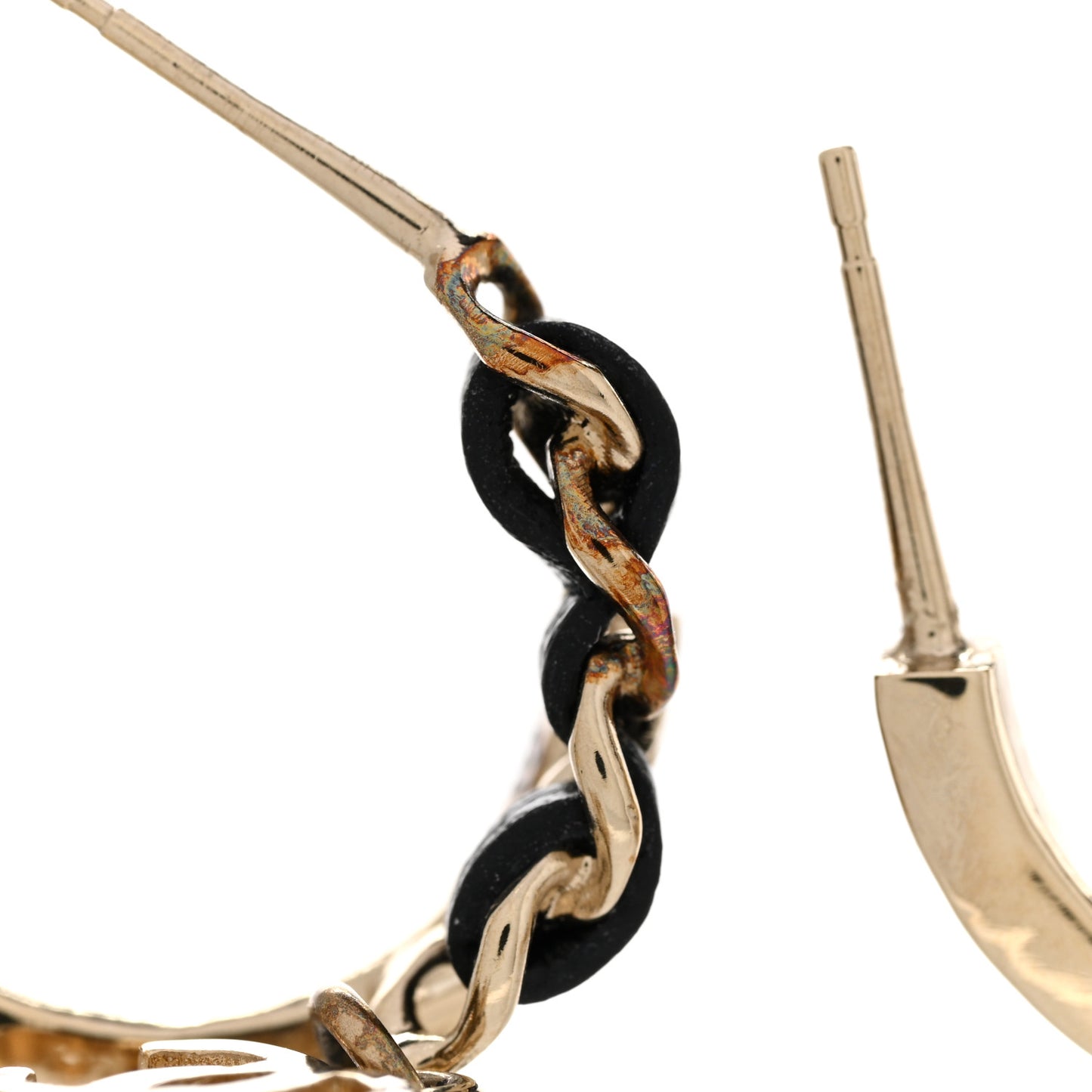 Metal Lambskin CC Chain Hoop Earrings Gold Black