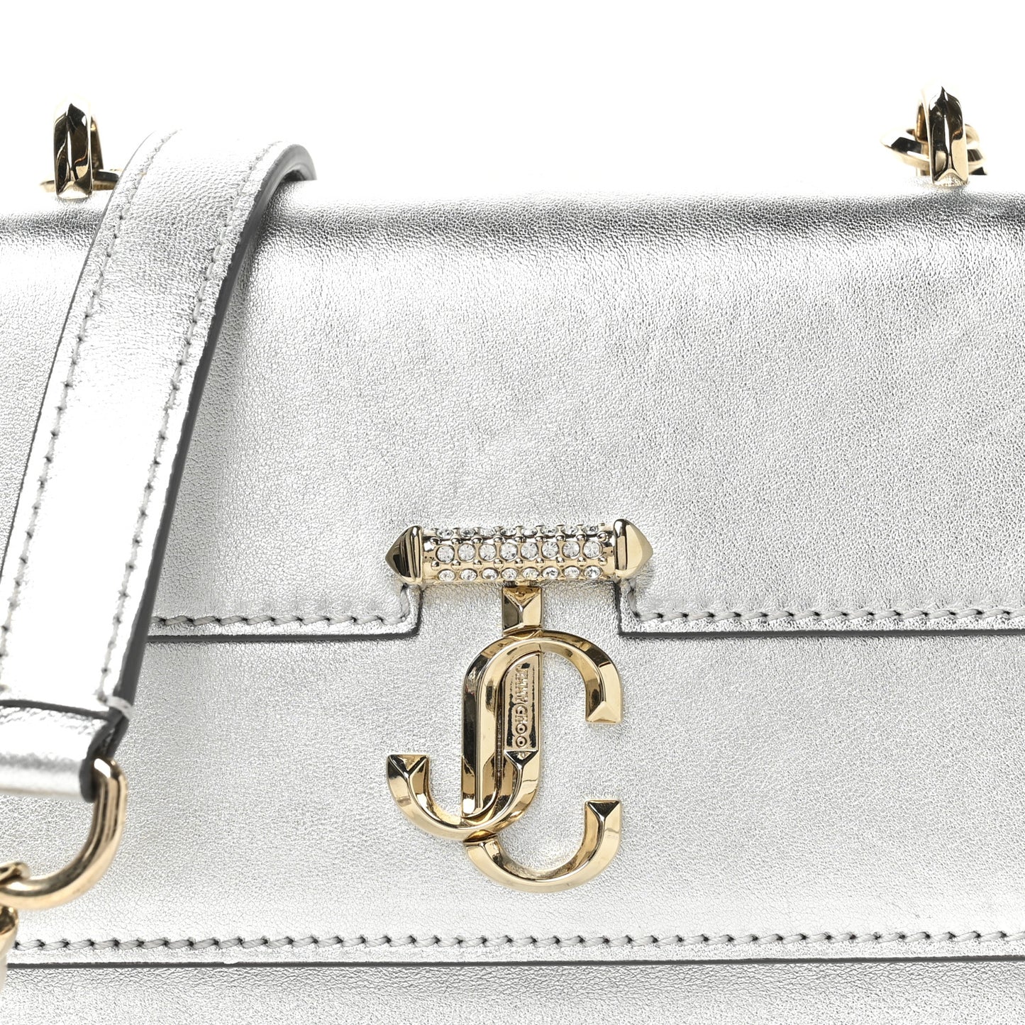 Metallic Calfskin Pearl Varenne Crystal Bar Avenue Chain Clutch Silver