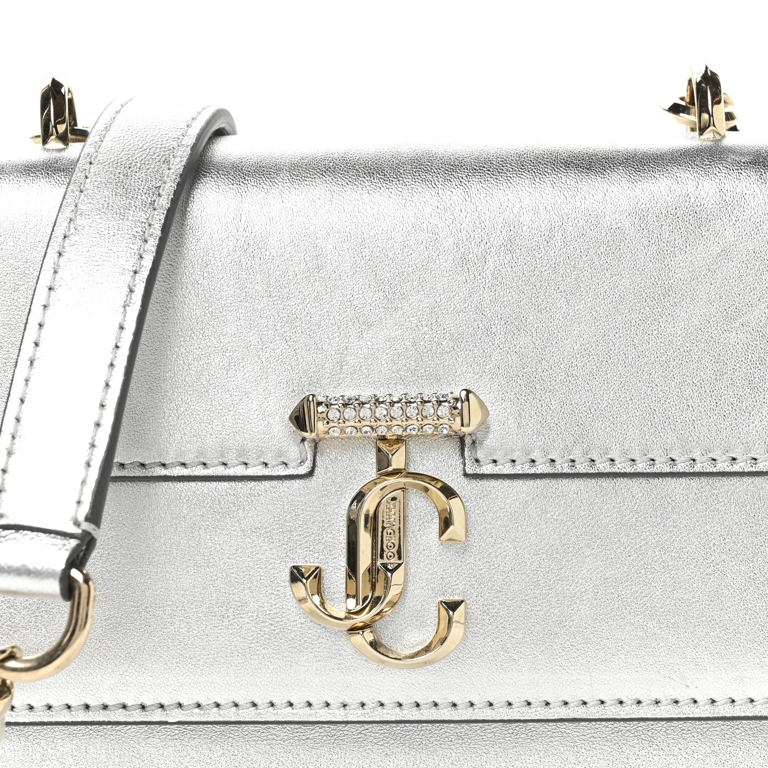 Jimmy Choo Metallic Calfskin Pearl Varenne Crystal Bar Avenue Chain Clutch Silver 7 of 9