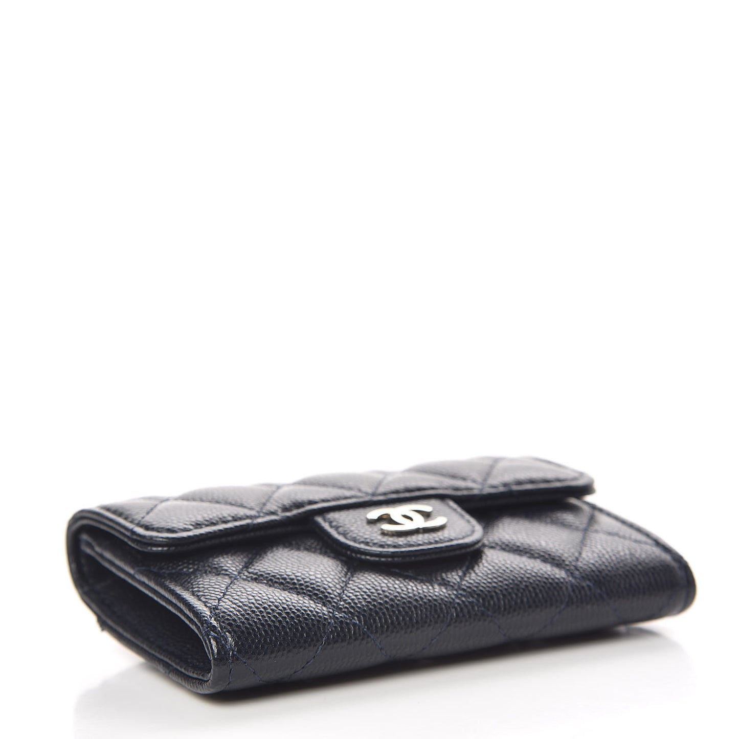 Caviar Quilted Flap Card Holder Wallet Navy Blue