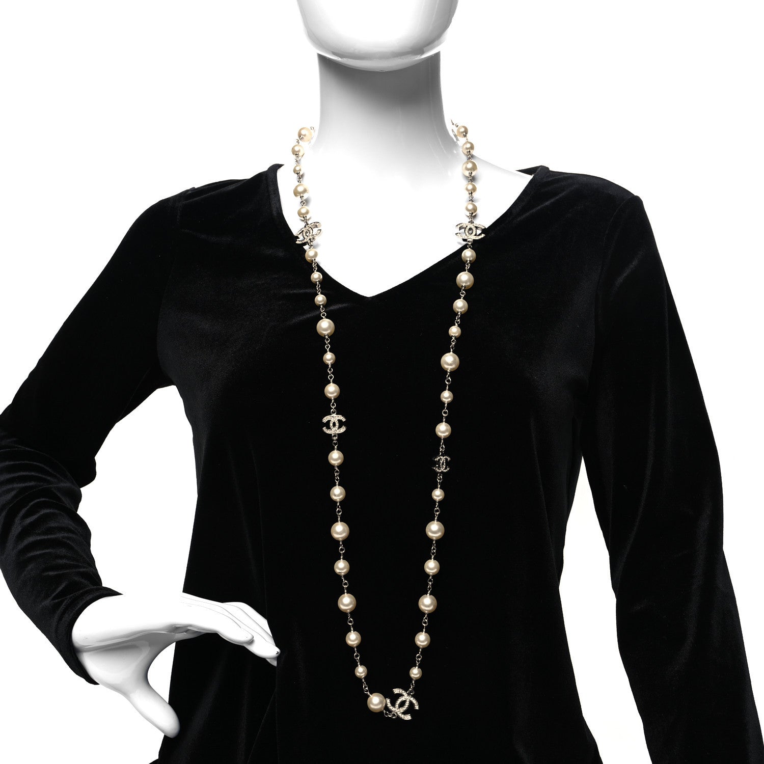 Chanel Graduated Pearl Crystal CC Long Necklace Silver 2 of 5