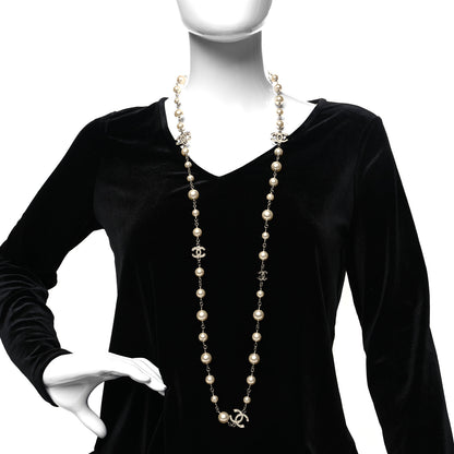 Chanel Graduated Pearl Crystal CC Long Necklace Silver 2 of 5