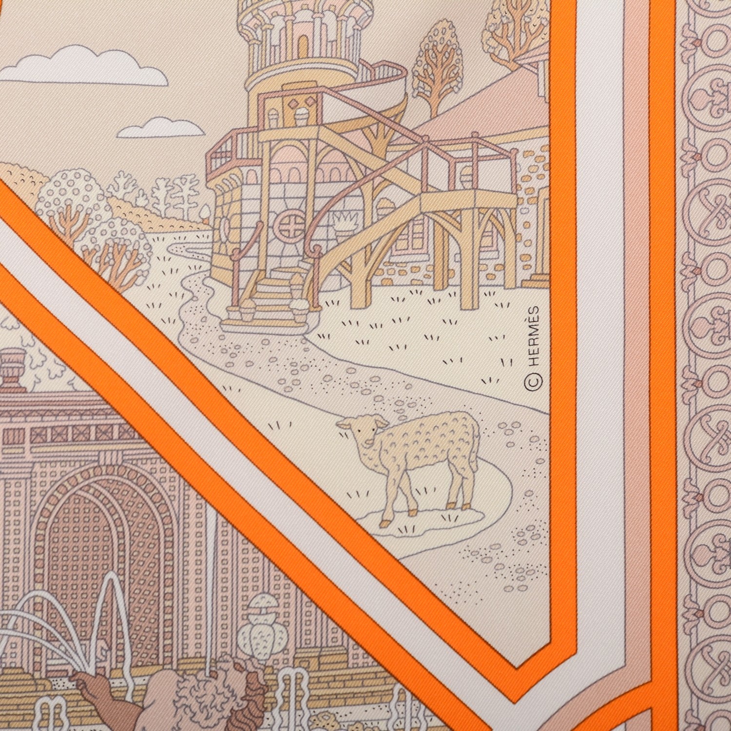 Hermes Silk Flanerie A Versailles Scarf 90 Orange Vif Beige Rose Poudre 3 of 5