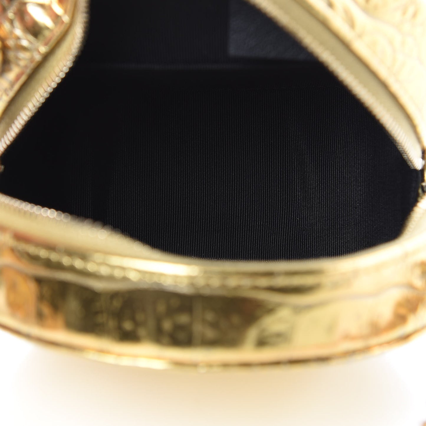 Metallic Calfskin Crocodile Embossed Cocodile Round Clutch with Chain Gold