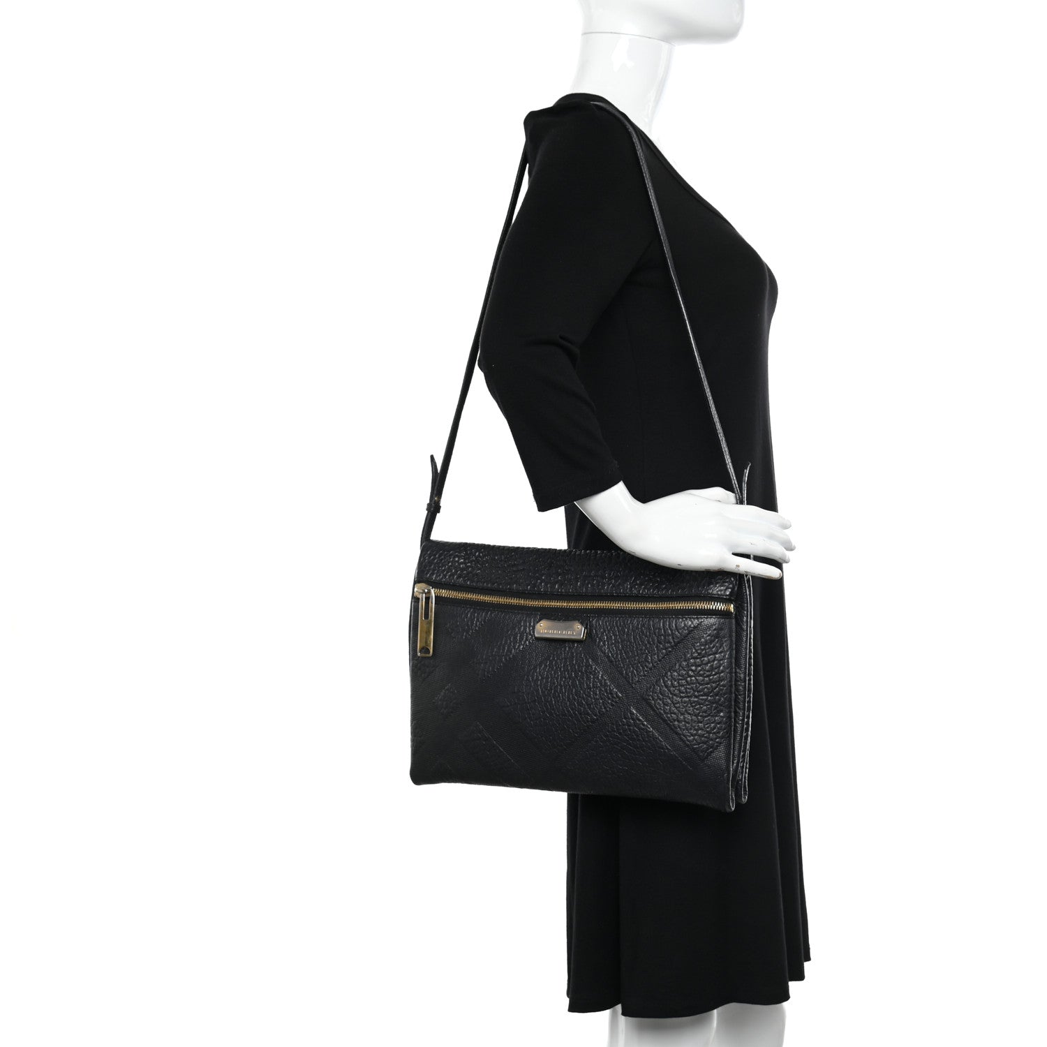 Burberry Signature Grain Calfskin Check Embossed Medium Balmoral Clutch Bag Black 2 of 16