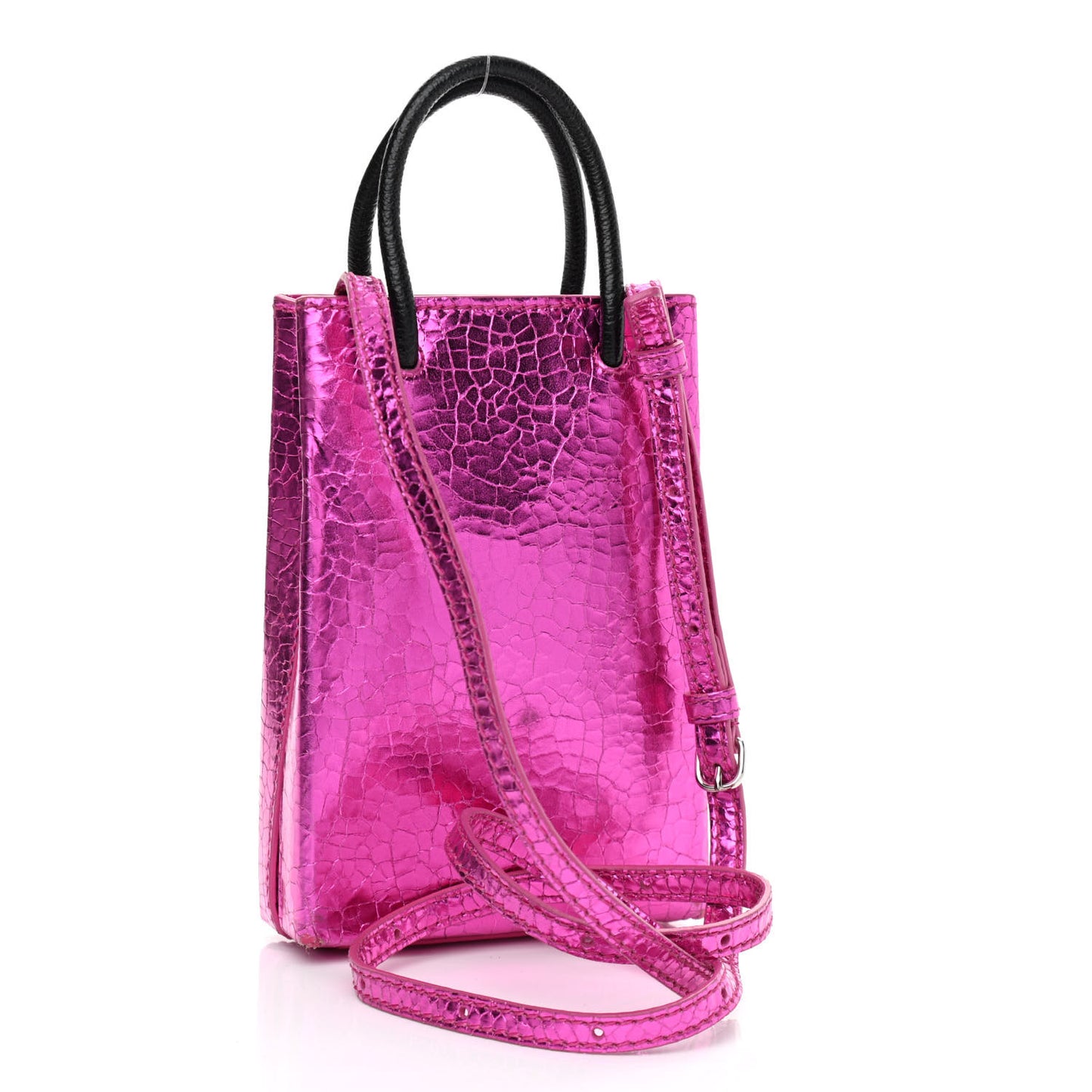 Metallic Calfskin Logo Shopping Phone Holder Bag Acid Fuchsia
