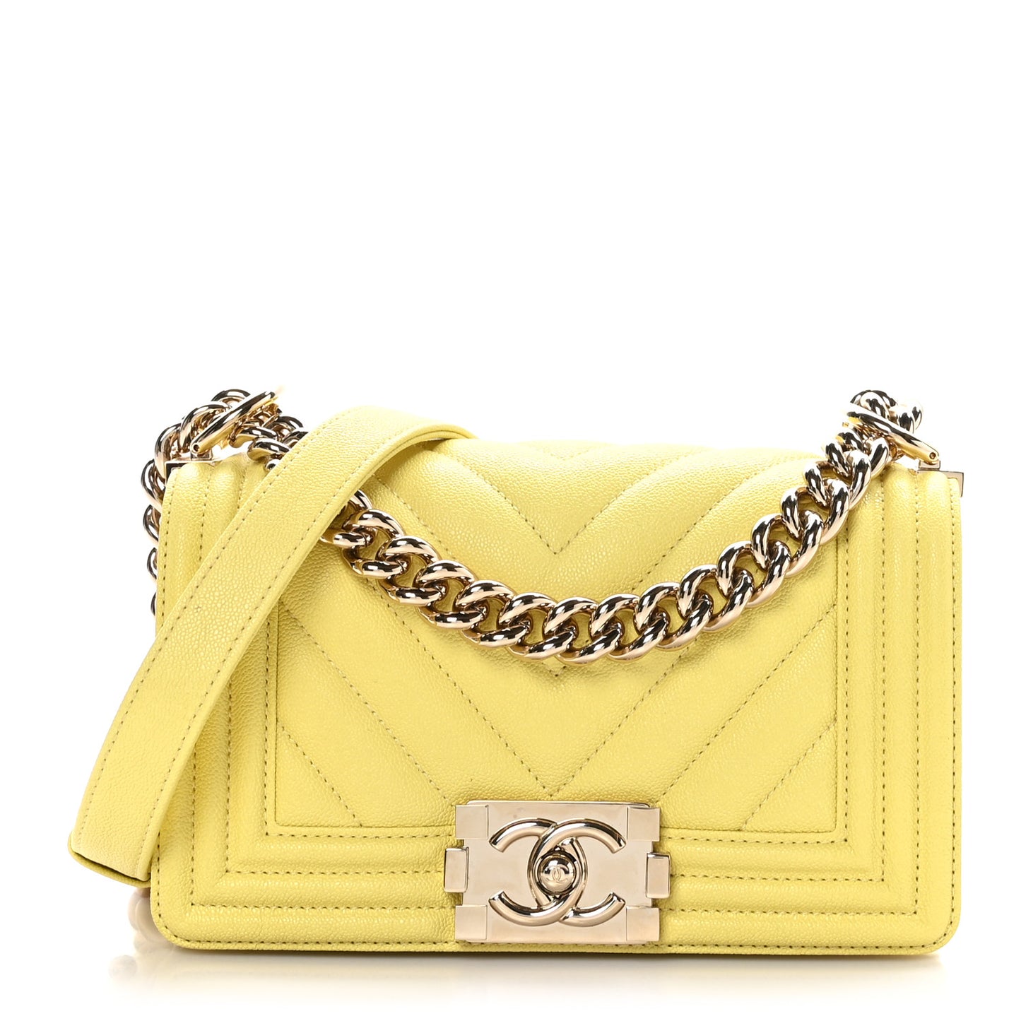Caviar Chevron Quilted Small Boy Flap Yellow