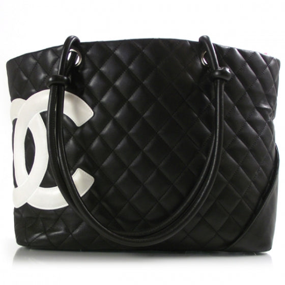 Calfskin Quilted Large Cambon Tote Black White