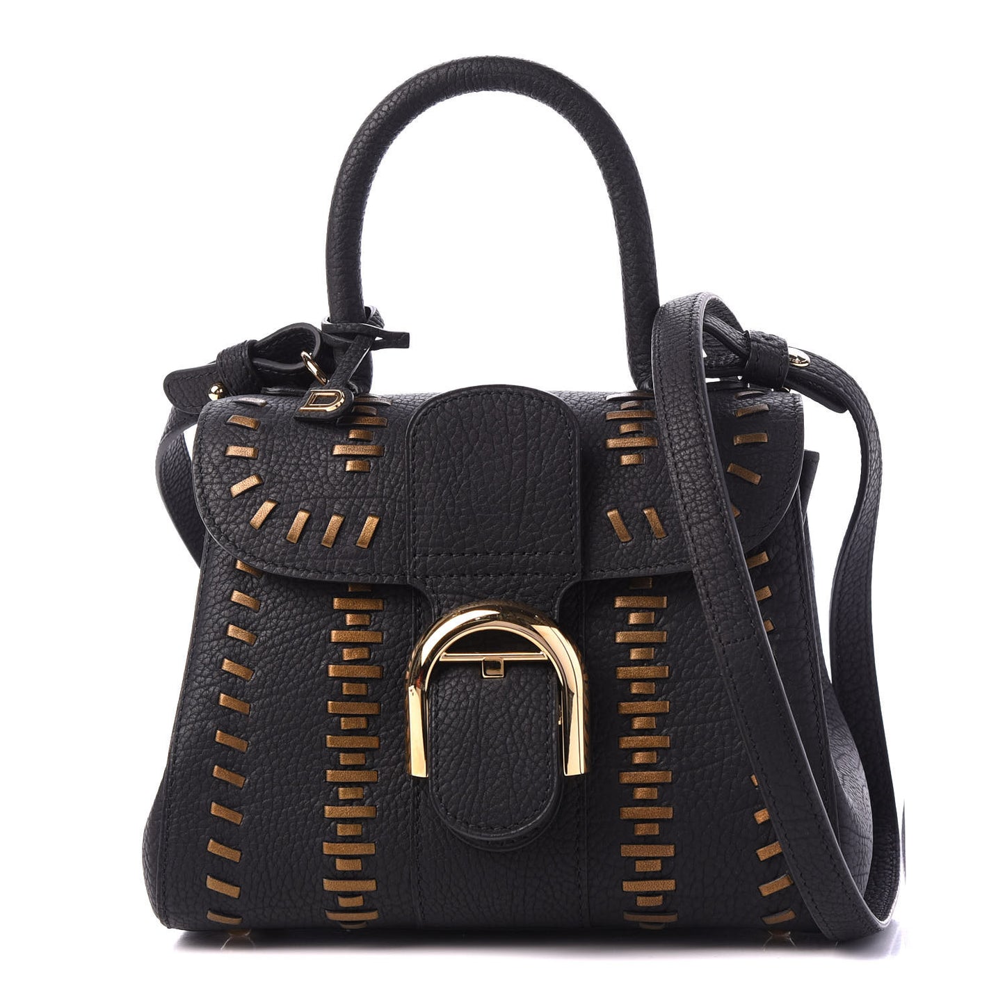 Crispy Calfskin Tribal Stitch Mini Brillant Satchel Black Bronze