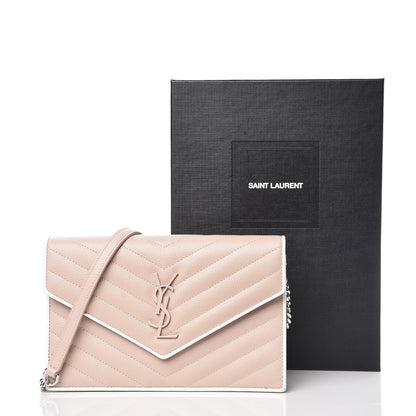Saint Laurent Grain De Poudre Matelasse Chevron Monogram Envelope Chain Wallet Pink and White 10 of 10