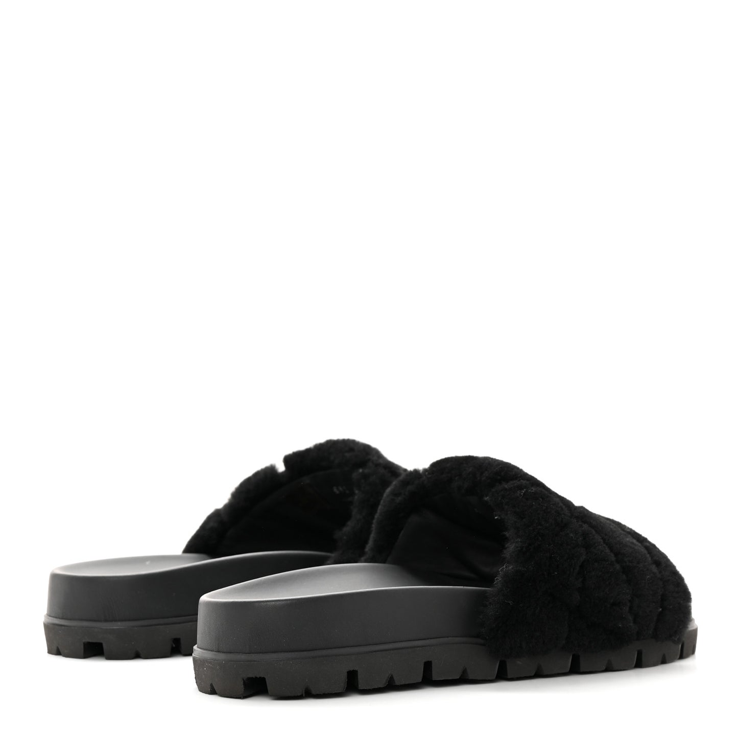 Shearling Metal Triangle Logo Lug Sole 20mm Slide Sandals 41 Black