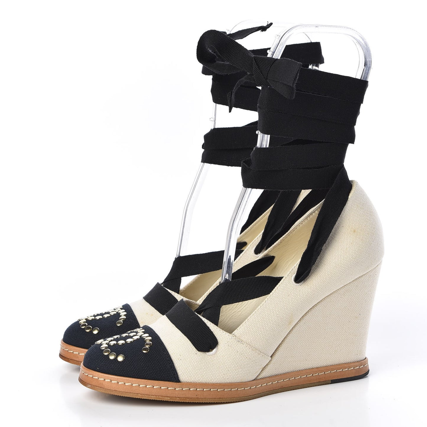 Canvas Studded Cap Toe CC Wedges 37.5 Beige Navy Black
