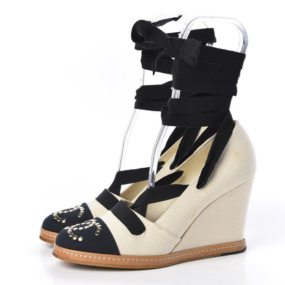 Chanel Canvas Studded Cap Toe CC Wedges 37.5 Beige Navy Black 2 of 9