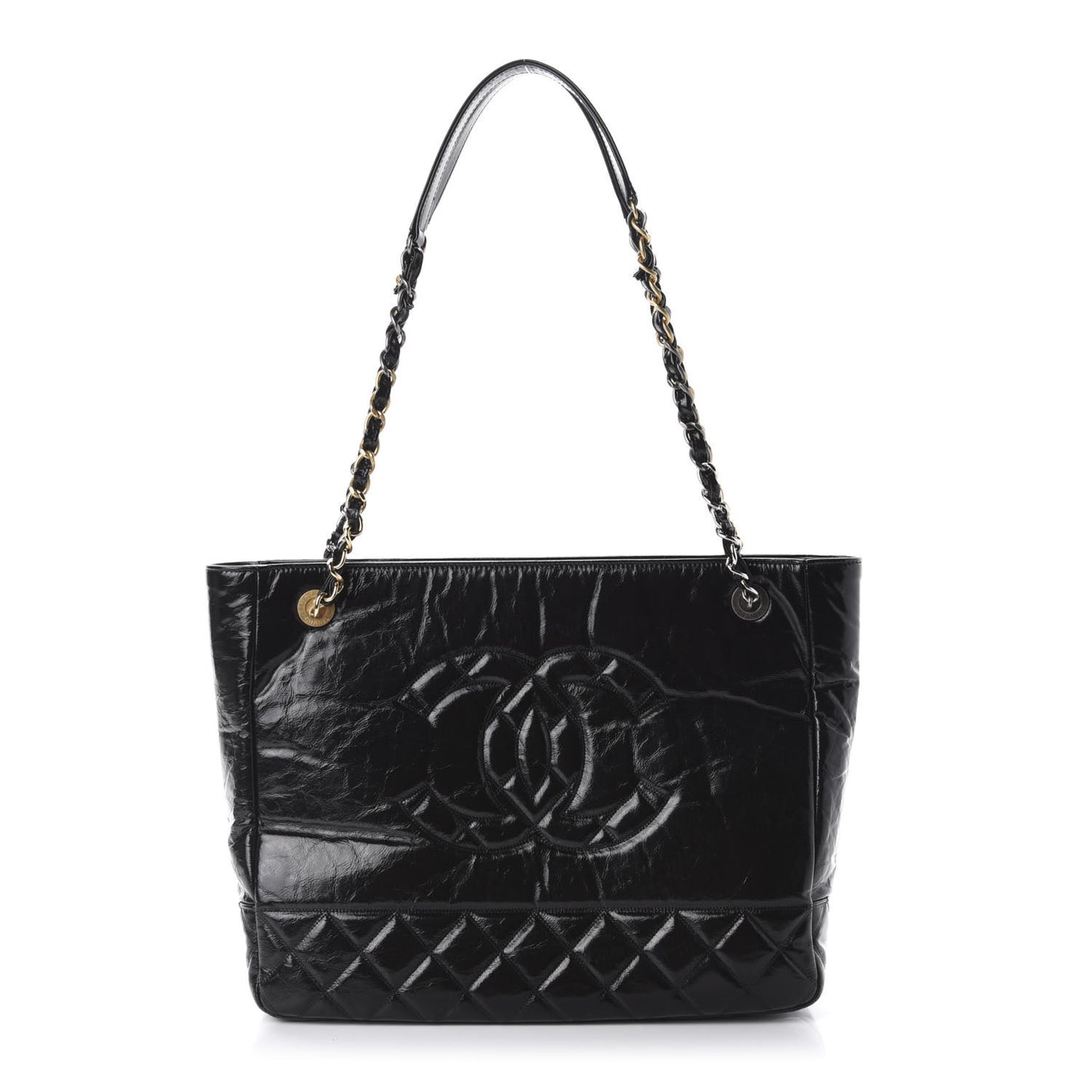 Shiny Aged Calfskin Quilted Small Shopping Bag Black
