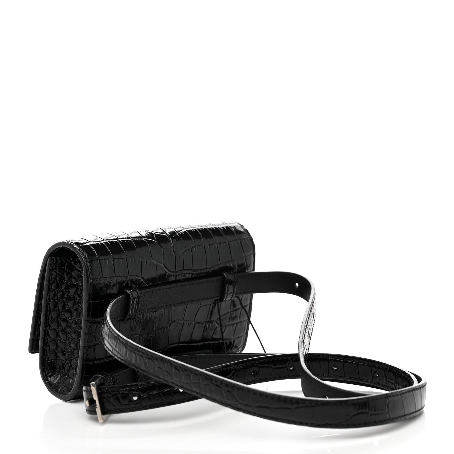 Saint Laurent Calfskin Crocodile Embossed Monogram Kate Belt Bag Black 3 of 9