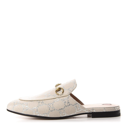 Gucci Canvas Lame GG Monogram Womens Princetown Slippers 38 Gardenia Silver 1 of 10
