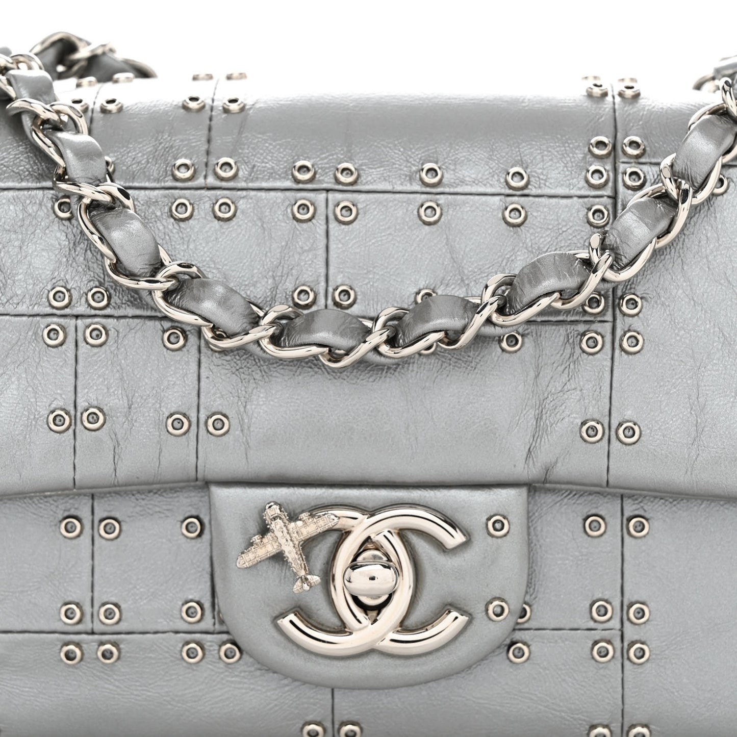 Glazed Calfskin Grommet Embellished Mini Airline Rectangular Flap Silver