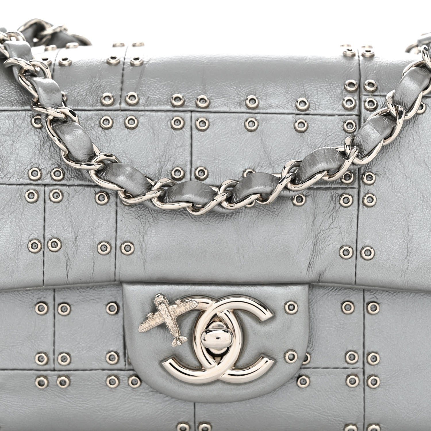 Chanel Glazed Calfskin Grommet Embellished Mini Airline Rectangular Flap Silver 8 of 10