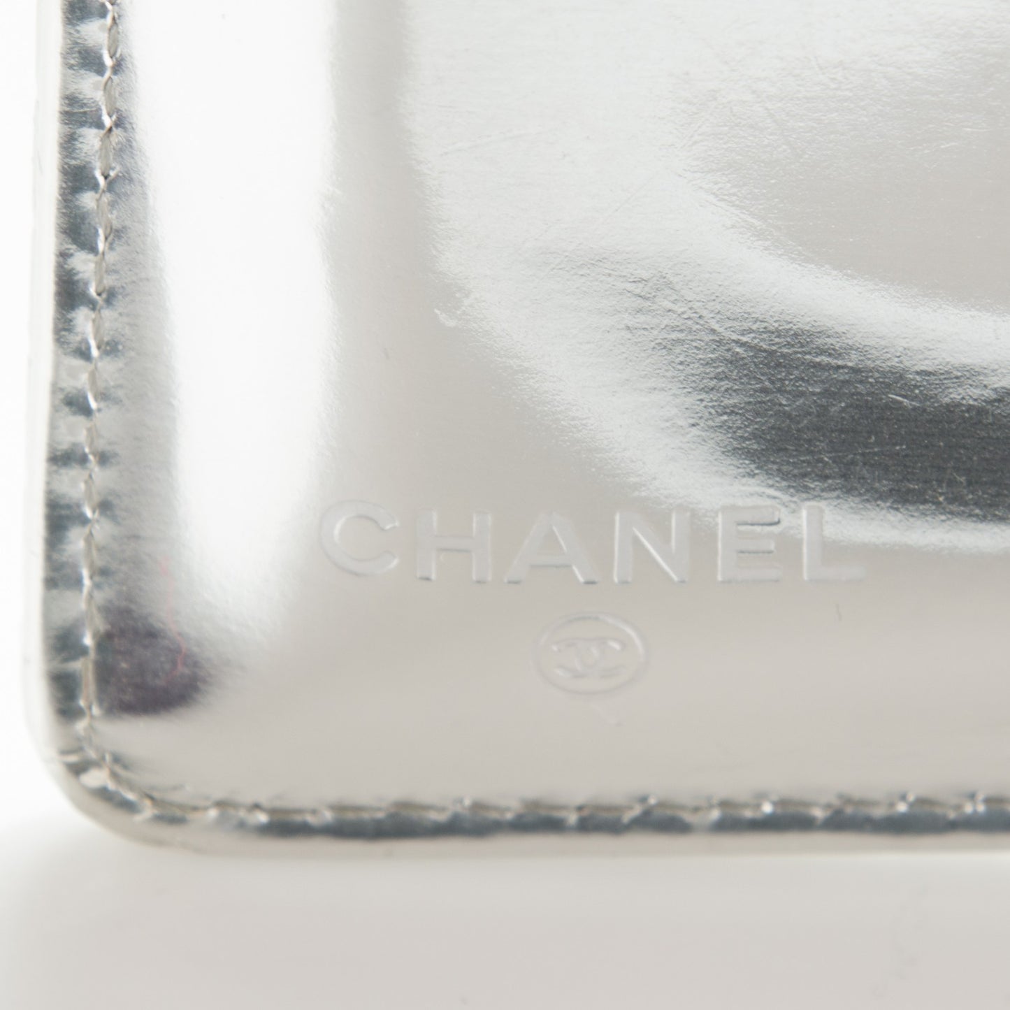 Patent Calfskin Embossed CC Yen Wallet Silver