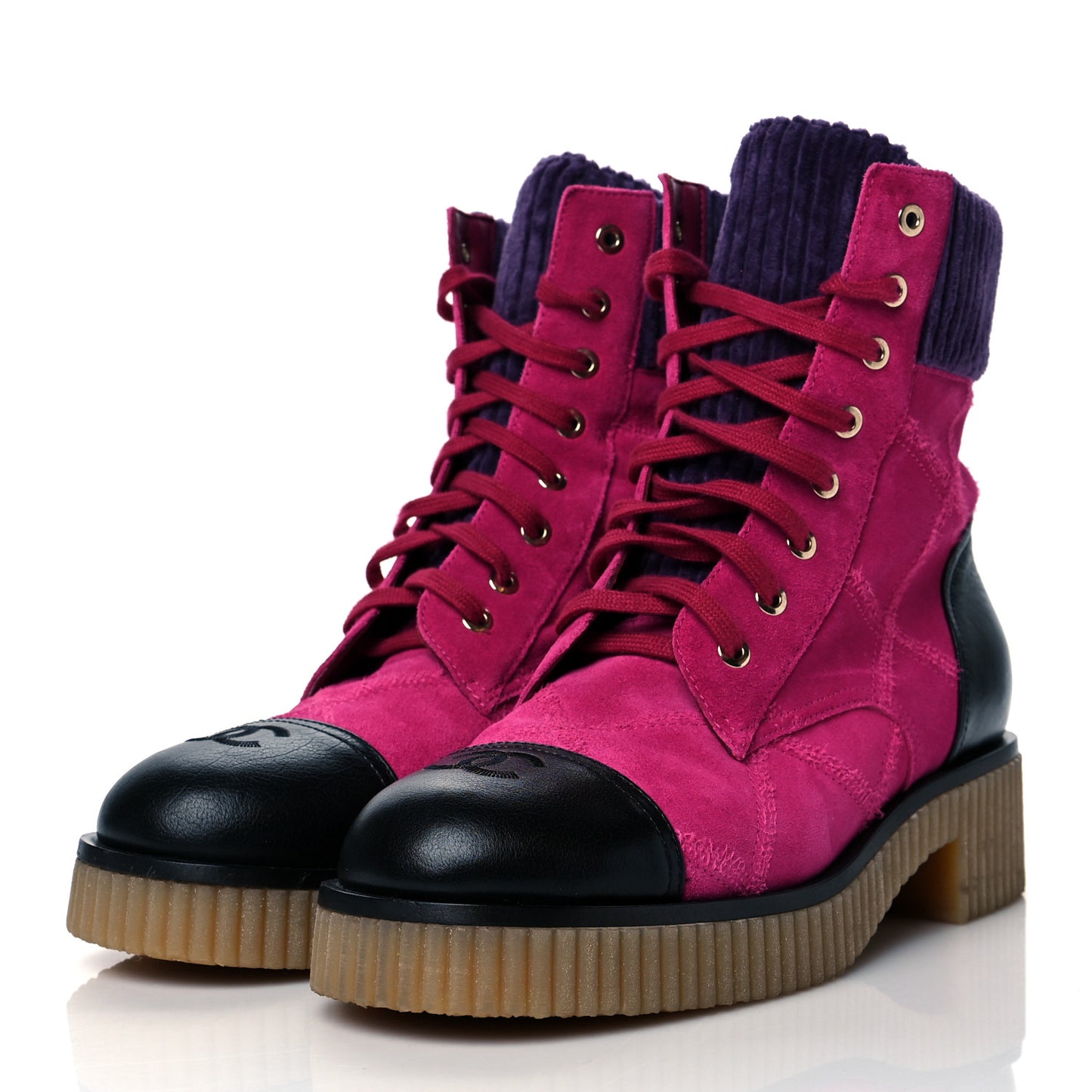 Suede Calfskin Velvet Lace Up Boots 39.5 Pink Black Purple