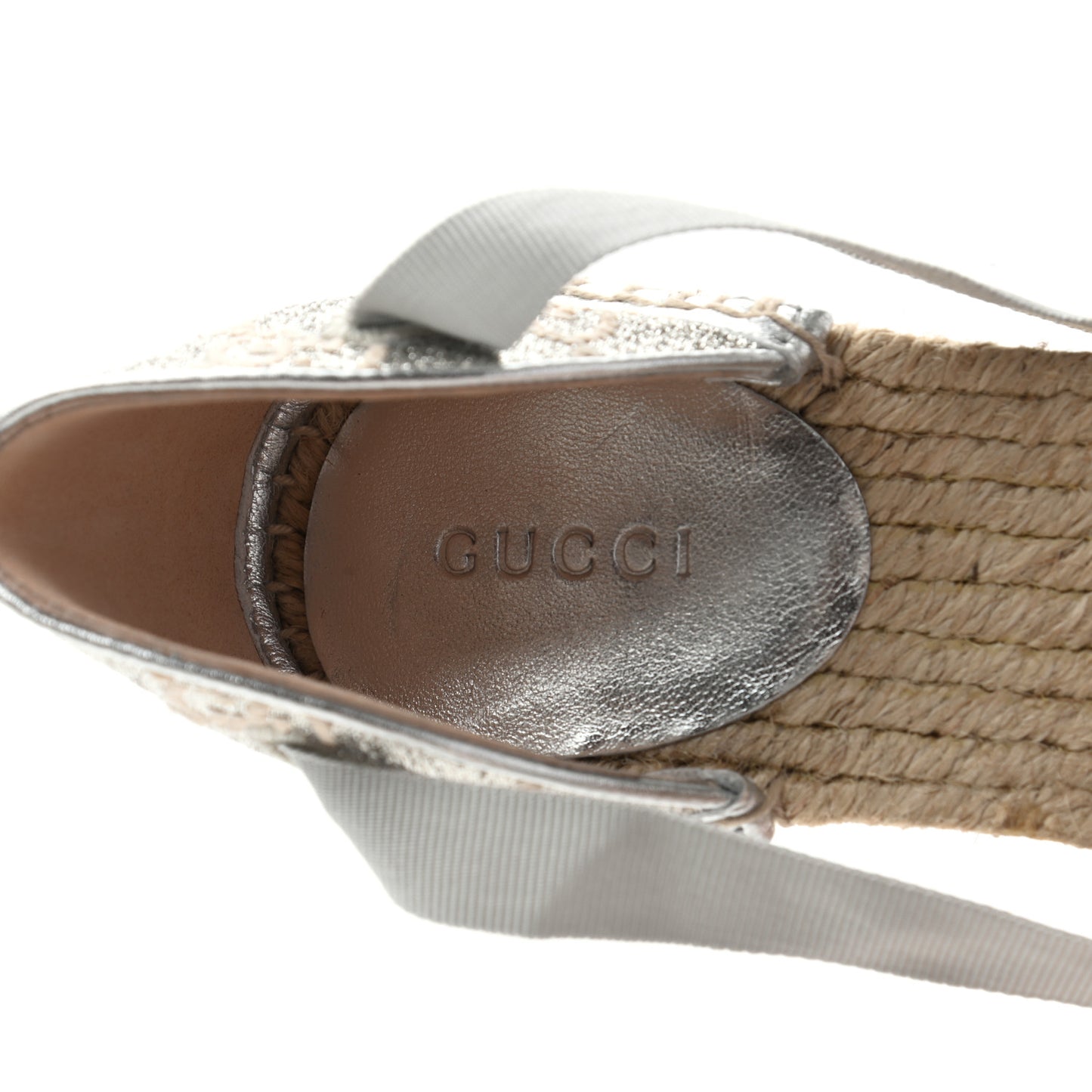 Lame GG Monogram Ankle Wrap Platform Espadrille Wedges 37.5 Silver Beige Light Grey