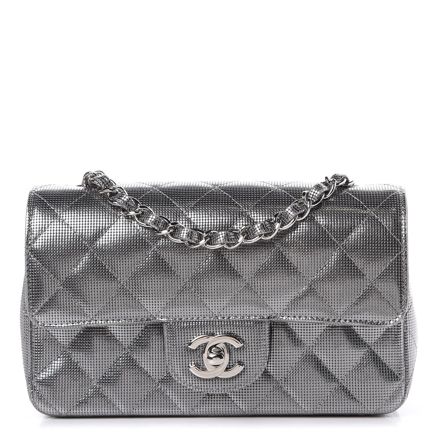 Metallic Calfskin Quilted Pixel Effect Mini Rectangular Flap Dark Silver
