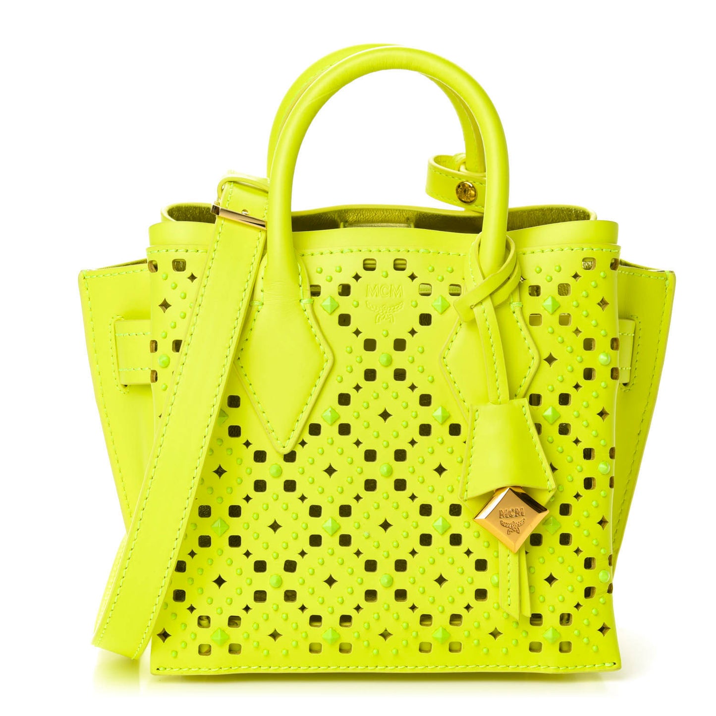 Perforated Calfskin Studded Mini Milla Tote Neon Yellow