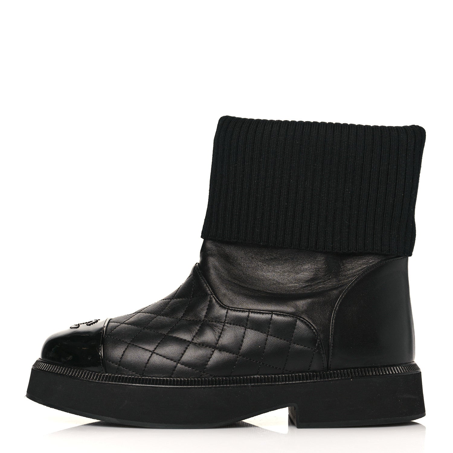 Chanel Calfskin Patent Knit Quilted CC Cap Toe Boots 38 Black 1 of 7