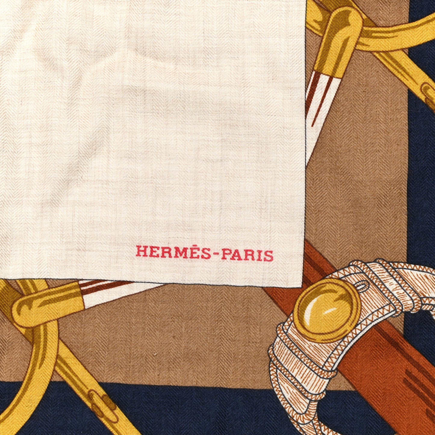 Cashmere Silk Encadre Eperon d'Or Scarf 90 Naturel Camel Marine
