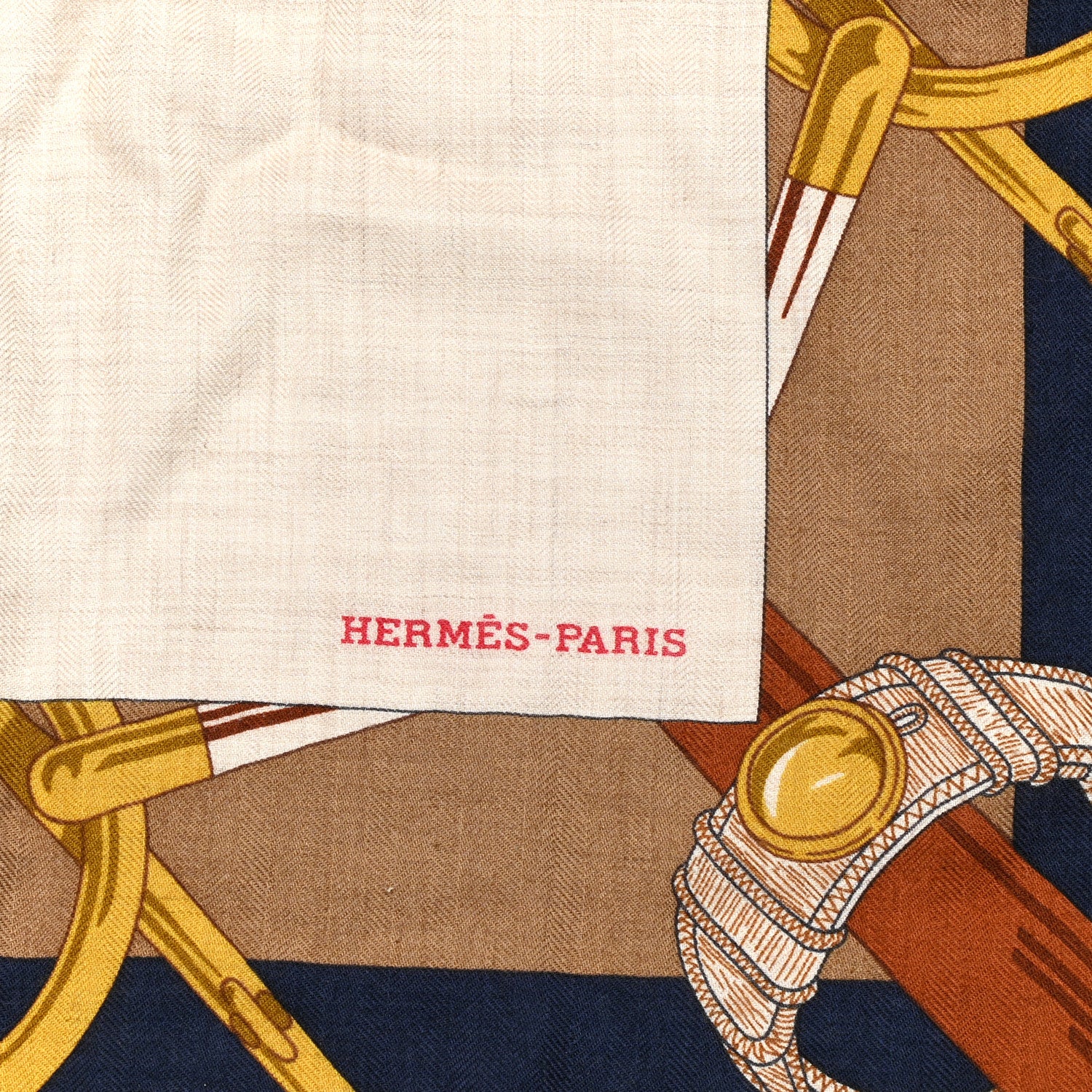 Hermes Cashmere Silk Encadre Eperon d'Or Scarf 90 Naturel Camel Marine 2 of 4