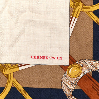 Hermes Cashmere Silk Encadre Eperon d'Or Scarf 90 Naturel Camel Marine 2 of 4