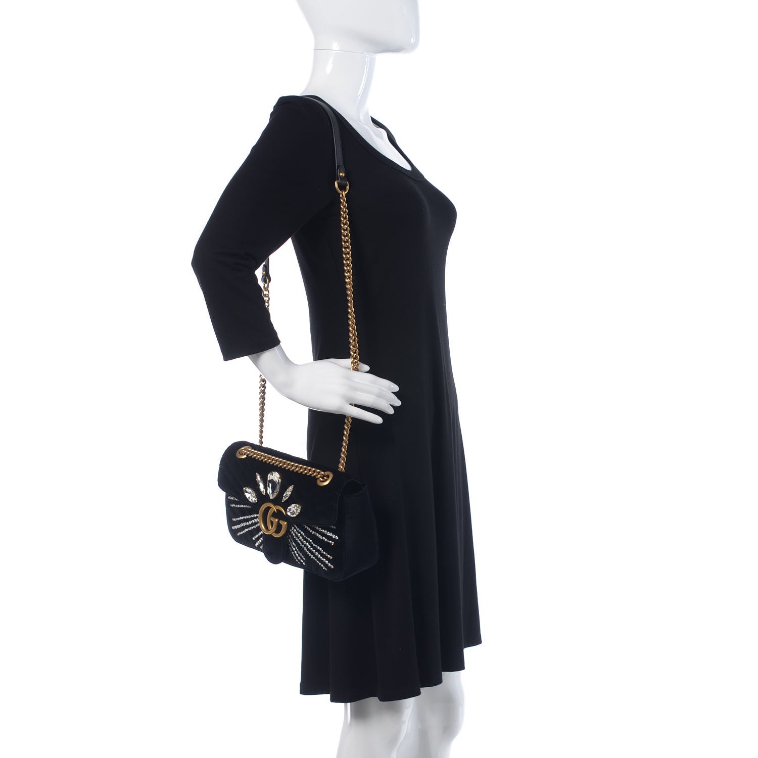 Gucci Velvet Matelasse Marquise Crystals Embroidered Small GG Marmont Shoulder Bag Black 2 of 9