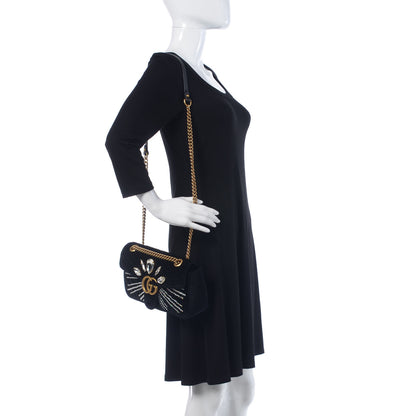 Gucci Velvet Matelasse Marquise Crystals Embroidered Small GG Marmont Shoulder Bag Black 2 of 9