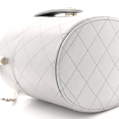 Chanel Metallic Lambskin Quilted Round Vanity Case With Chain Silver 9 of 10