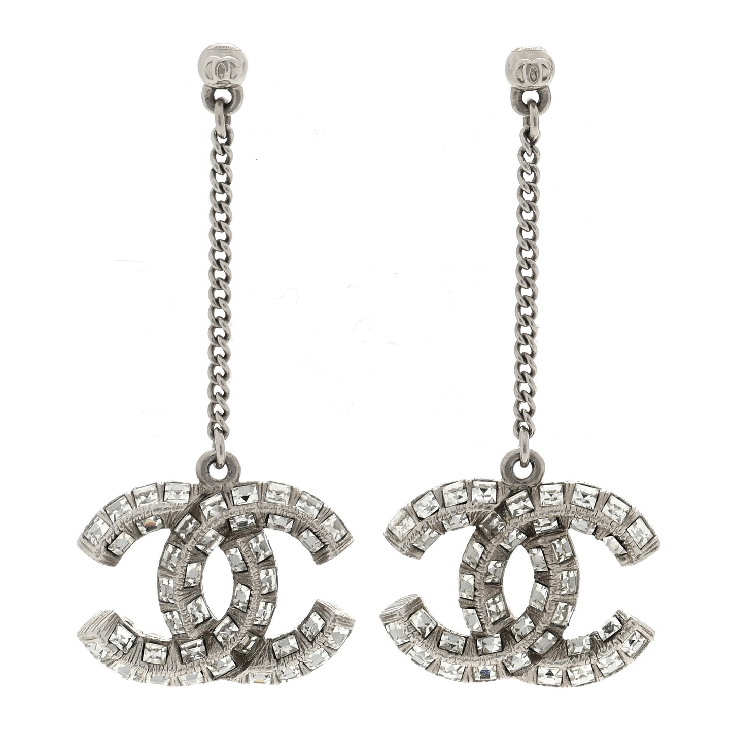 Baguette Crystal CC Drop Earrings Silver