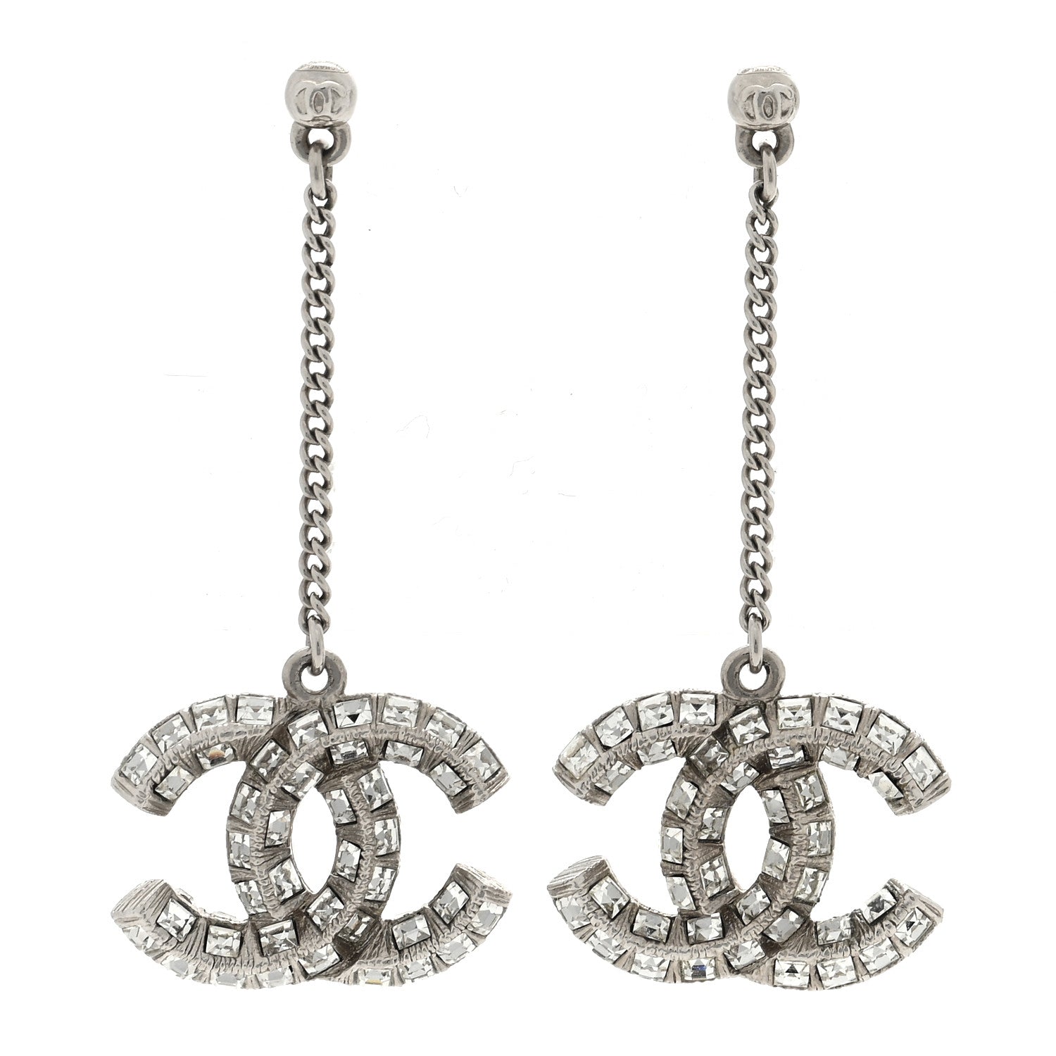 Chanel Baguette Crystal CC Drop Earrings Silver 1 of 4