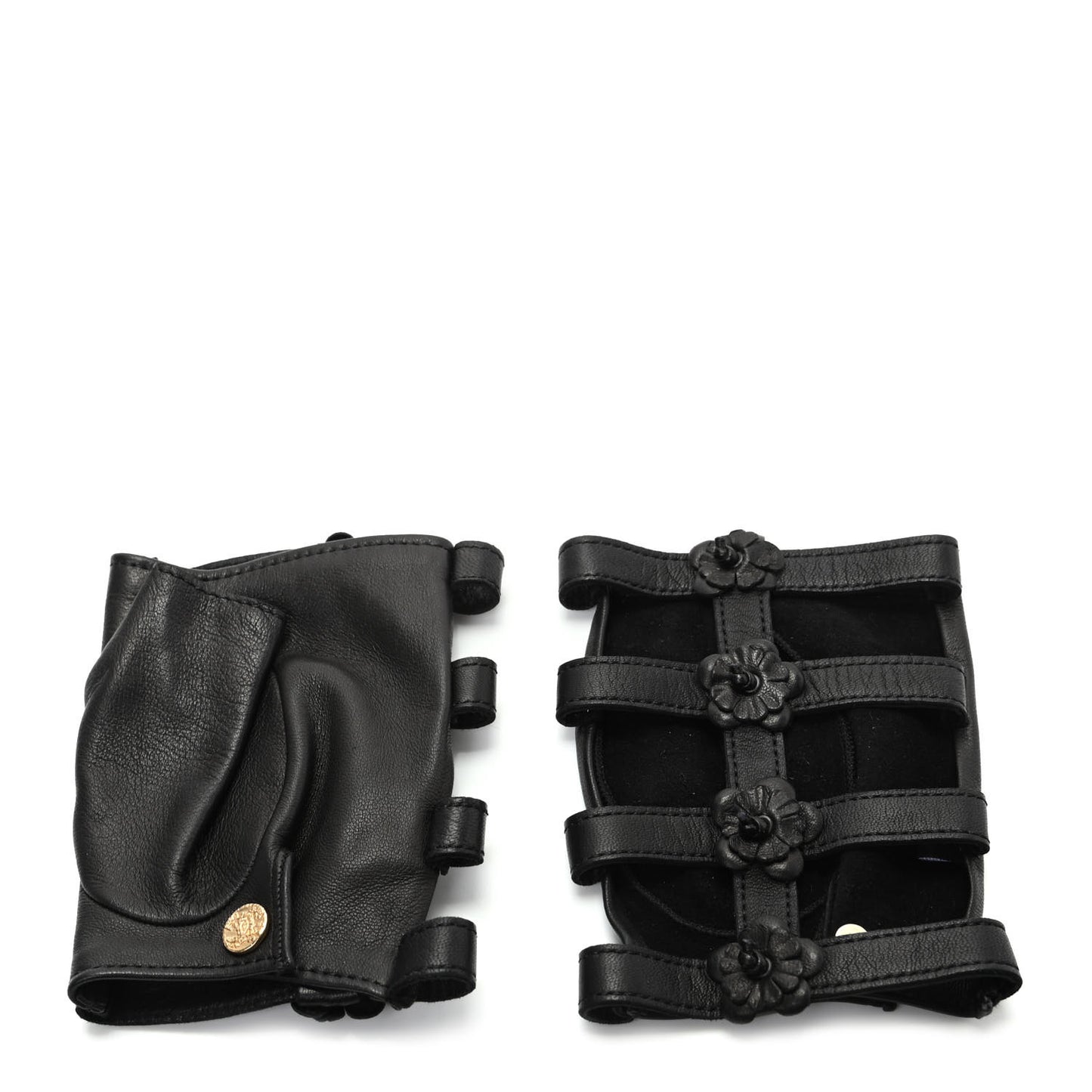 Lambskin Camellia Fingerless Gloves 7.5 Black