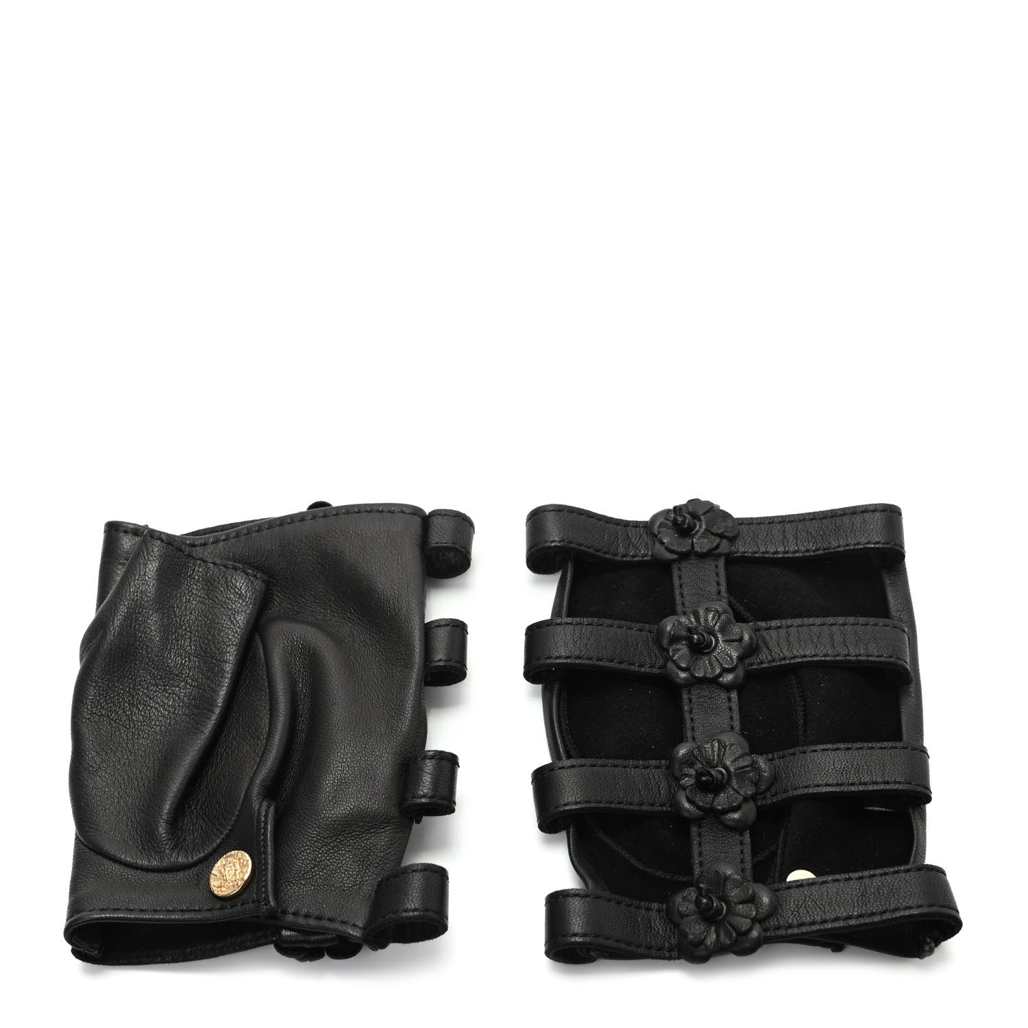 Chanel Lambskin Camellia Fingerless Gloves 7.5 Black 1 of 6