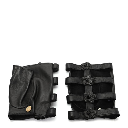 Chanel Lambskin Camellia Fingerless Gloves 7.5 Black 1 of 6